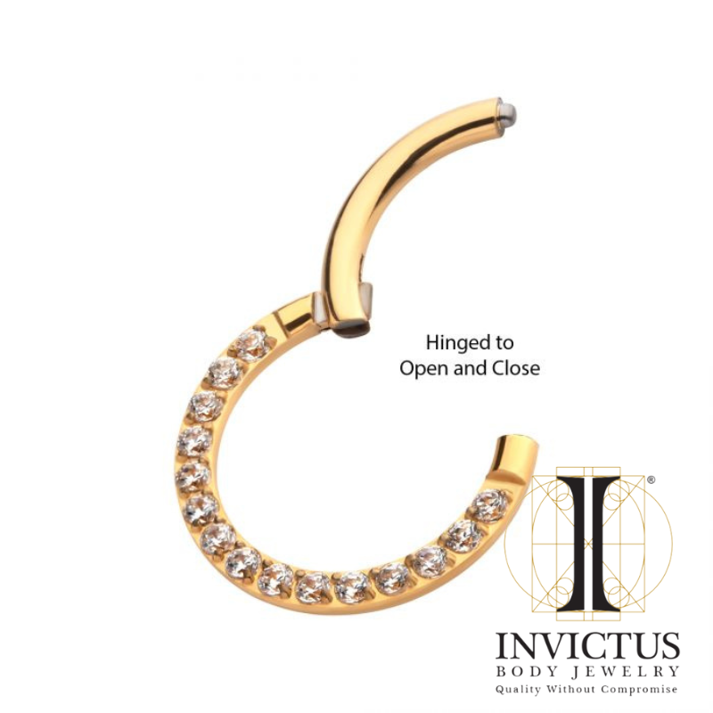 24KT Gold PVD Titanium Clear CZ Front Facing Hinged Segment Clicker