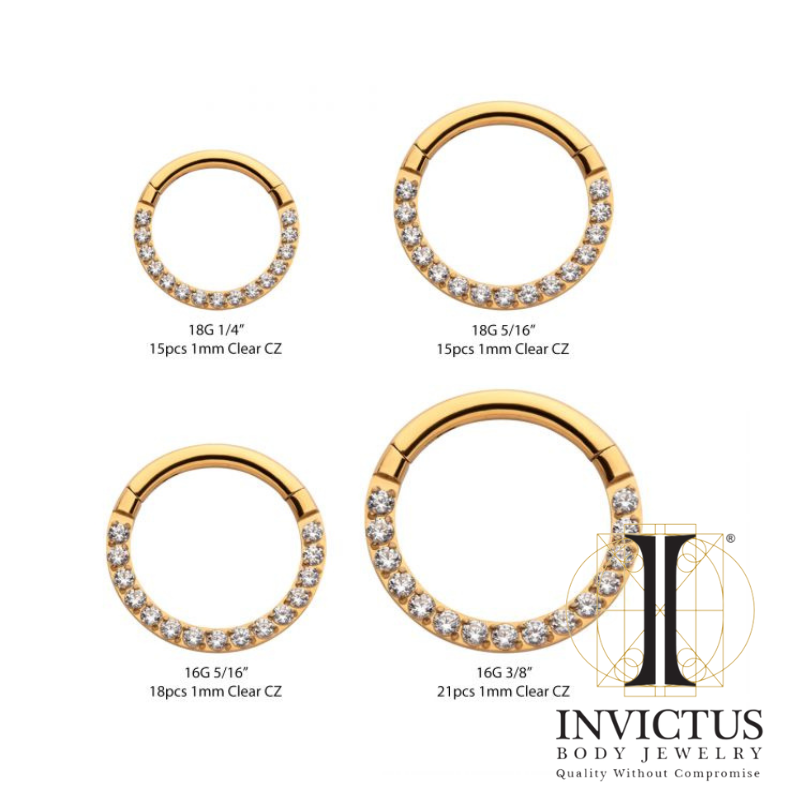 24KT Gold PVD Titanium Clear CZ Front Facing Hinged Segment Clicker