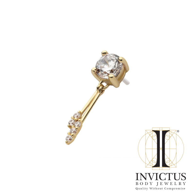 14Kt Yellow Gold Threadless Prong Set CZ Top with Gemmed Dangle Double Bar