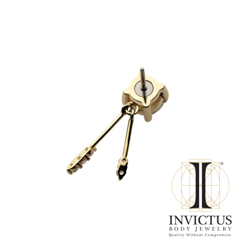 14Kt Yellow Gold Threadless Prong Set CZ Top with Gemmed Dangle Double Bar