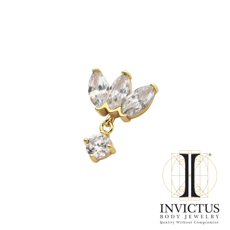 14Kt Yellow Gold Threadless 3-Cluster Fan Shape Marquise CZ/Opal Top with Dangle Prong Set CZ/Opal