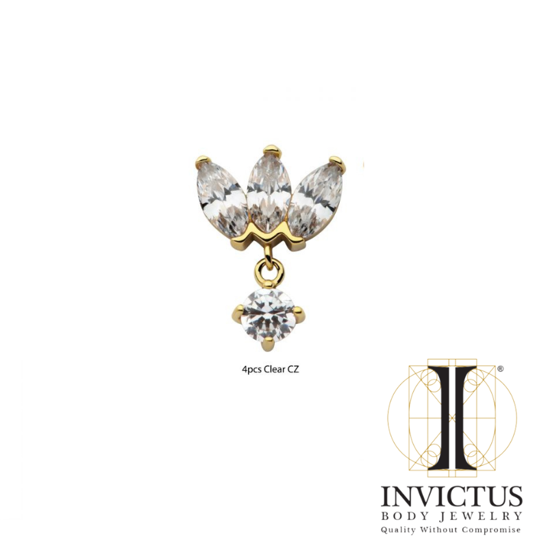 14Kt Yellow Gold Threadless 3-Cluster Fan Shape Marquise CZ/Opal Top with Dangle Prong Set CZ/Opal