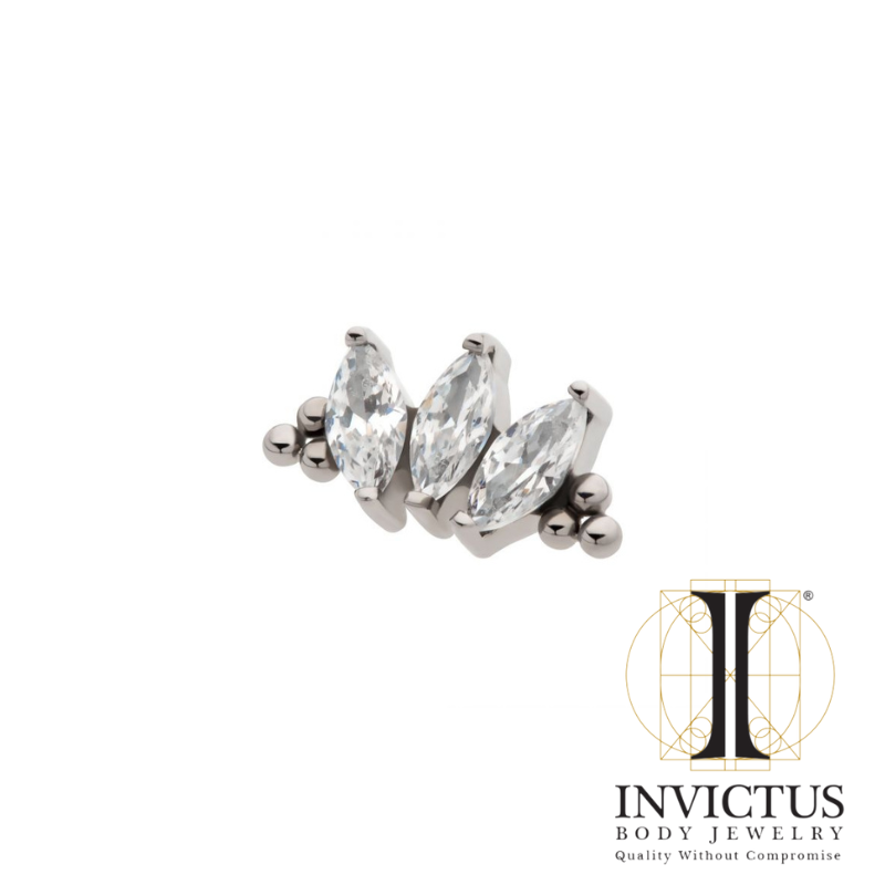 Titanium Threadless with Tri Beads & Prong Set Marquise CZ 3-Cluster Top