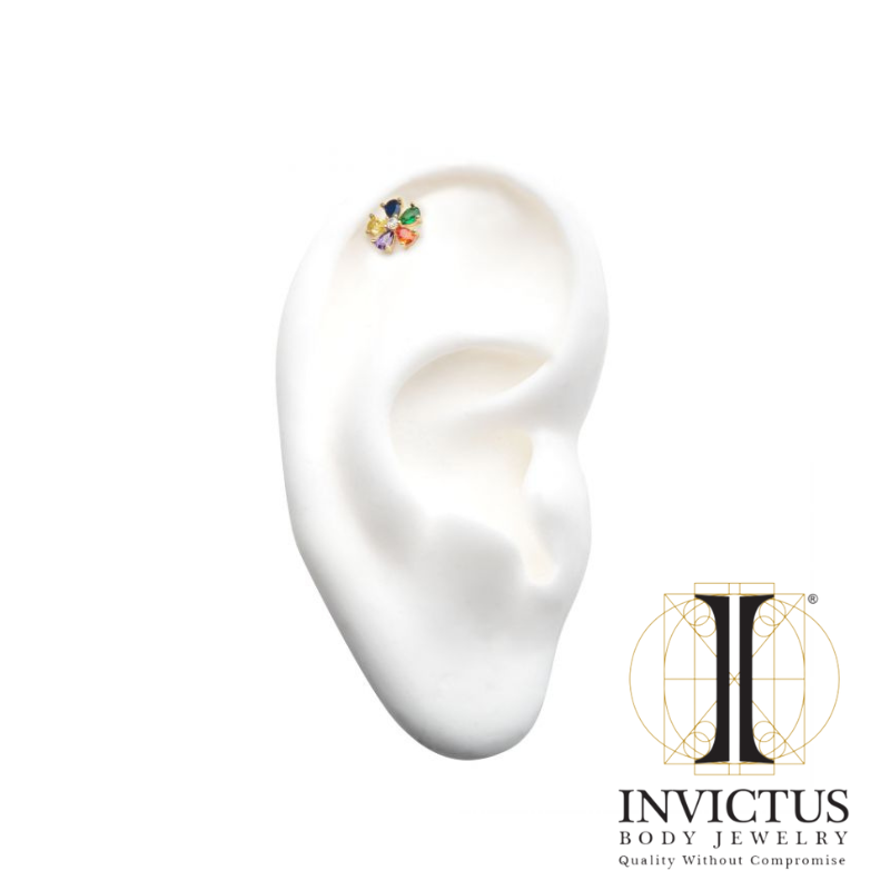 14Kt Yellow Gold Threadless with Rainbow Flower Ends