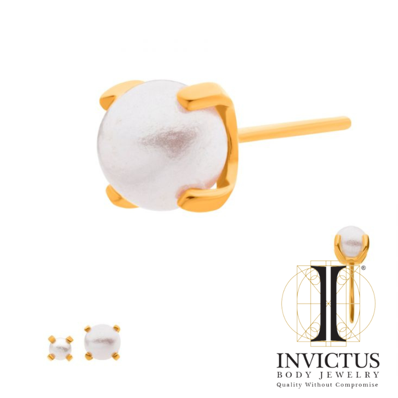 24Kt Gold PVD Titanium Threadless White Pearl Swarovski Prong Ends