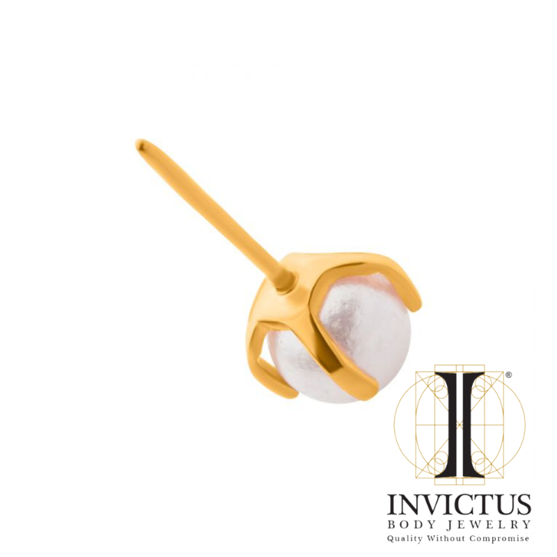 24Kt Gold PVD Titanium Threadless White Pearl Swarovski Prong Ends