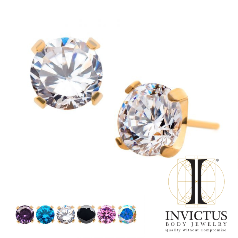 24Kt Gold PVD Titanium Prong CZ Threadless & Internally Threaded Ends