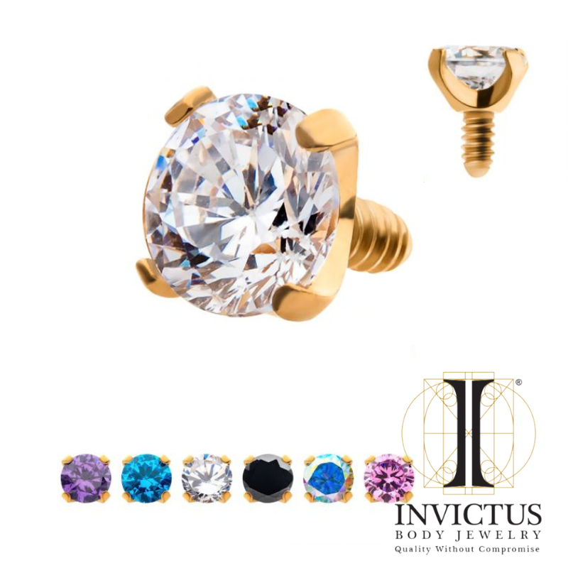 24Kt Gold PVD Titanium Prong CZ Threadless & Internally Threaded Ends