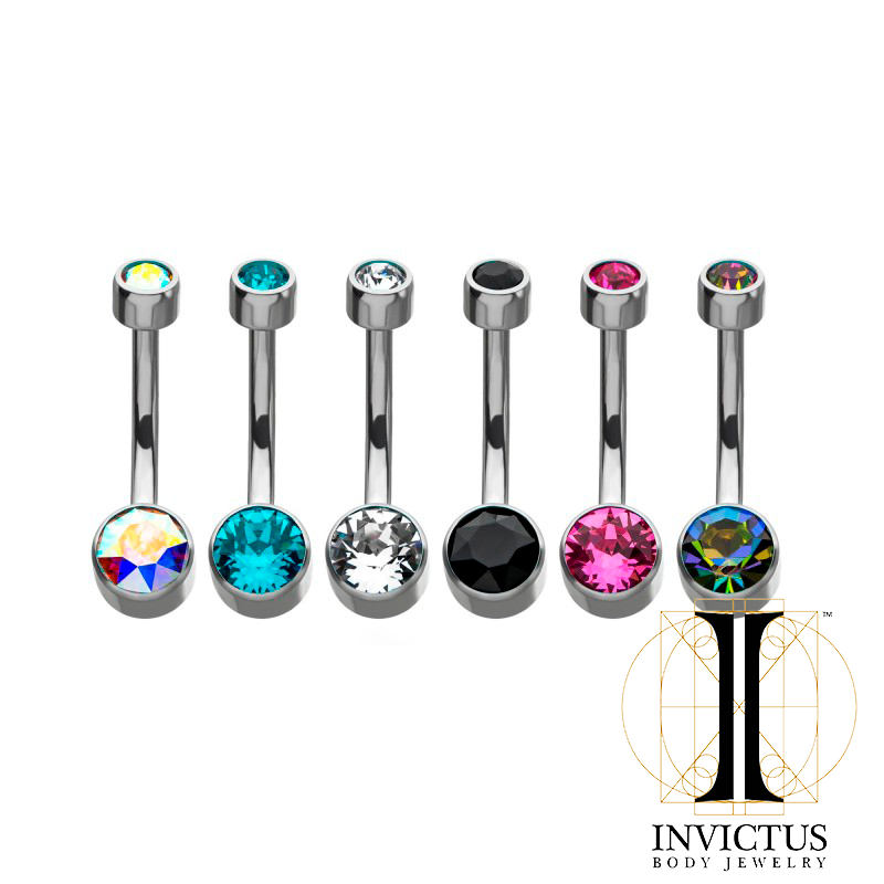 Titanium Bezel Set Double Swarovski Crystal Navel Curves - REBELLIC