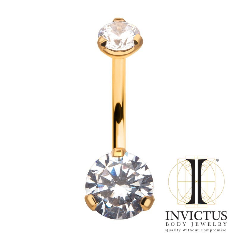 24KT Gold PVD Titanium Internally Threaded with Prong Set Clear CZ Fixed Navel